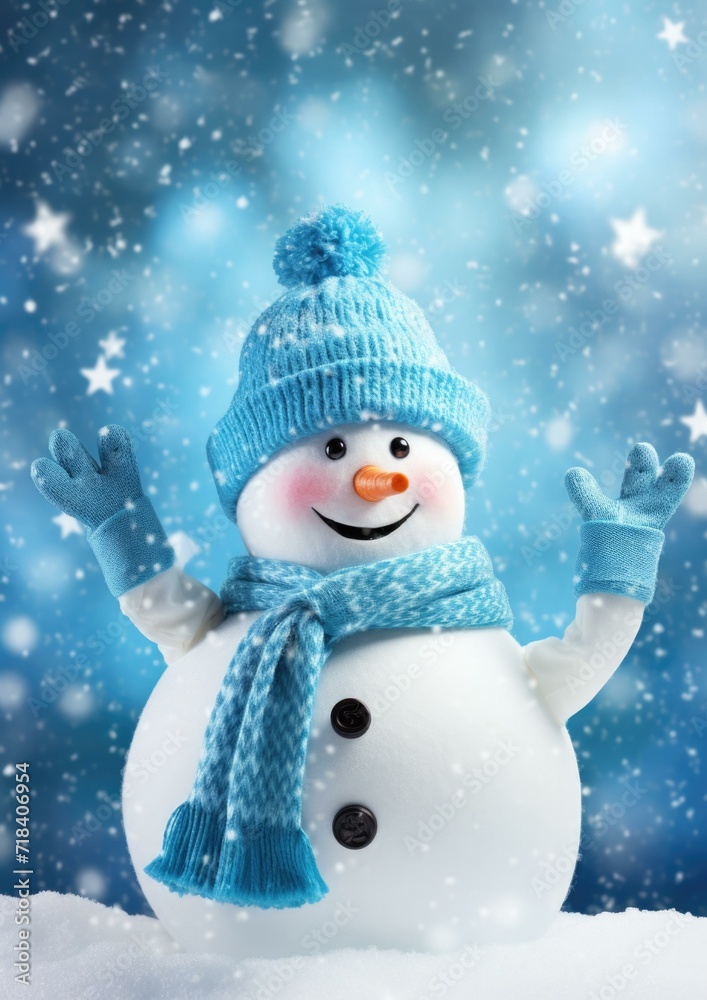A snowman wearing a blue hat and scarf. Generative AI.