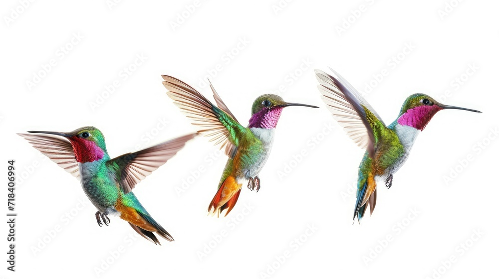 Fototapeta premium colorful hummingbirds in the air, white background, photo-realistic 
