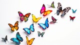 colorful butterflies in the air, white background 