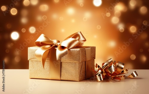 Golden gift box with bow and ribbon on bokeh background. Generative AI. © serg3d