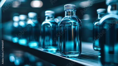 Medicine Bottles on Production Line, Healthcare and Pharmaceutical Industry, Blue Glass Vials and Liquid, Factory and Manufacture, Vaccination and Virus Prevention, Packaging and Conveyor photo