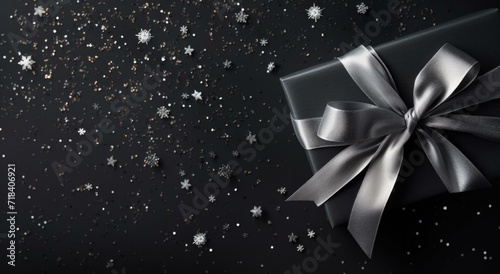 Black gift box with silver ribbon and silver stars on a black background. Generative AI.
