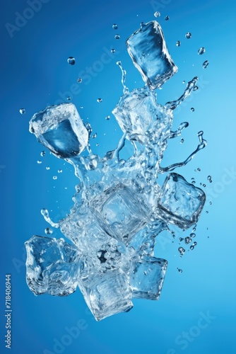 Ice cubes falling into water on a blue background. Generative AI.