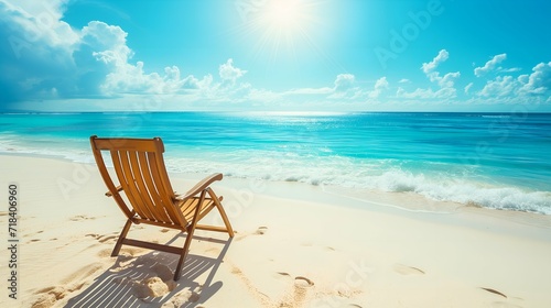 Wooden deck chair on the sandy beach with blue sea and sky background © Henryz