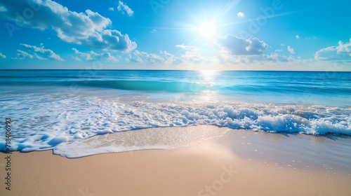 Beautiful seascape. Blue sky and white clouds over the sea.