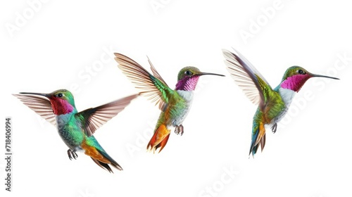colorful hummingbirds in the air, white background, photo-realistic 