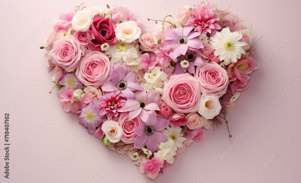 Heart shaped arrangement of flowers on pink background. Generative AI. Heart shaped arrangement of flowers on pink background. Generative AI.