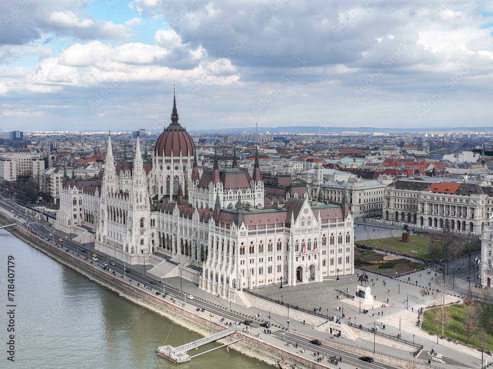 Budapest Landmarks Aerial View of Hungarian Parliament Building and Danube River in Cityscape
