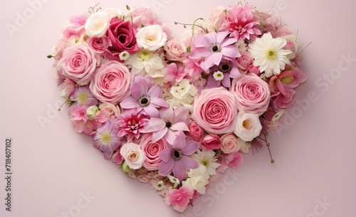 Heart shaped arrangement of flowers on pink background. Generative AI. © serg3d