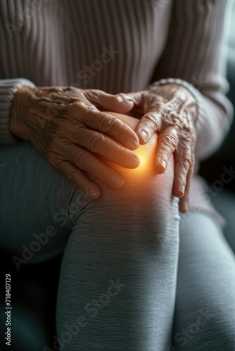 Digital composite of highlighted of a knee of senior woman with knee pain