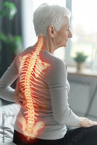 Digital composite of highlighted spine of senior woman with back pain 