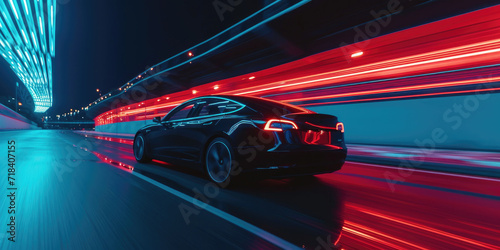 EV driving fast at night, d...