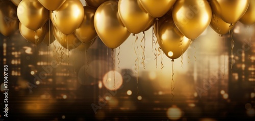 Gold balloons floating in the air over a cityscape. Generative AI.