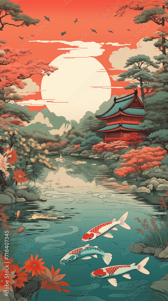 Ukiyo-e wood block print of a mountain stream with koi fish swimming with cherry blossoms and traditional Japanese architecture during the sunrise