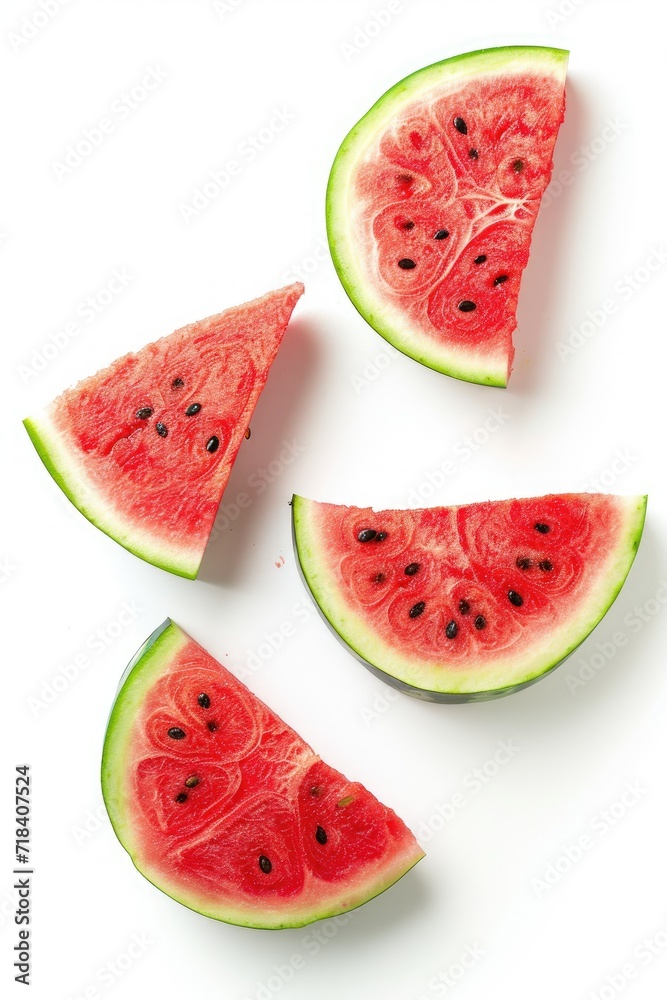 photograph of a set of 4 simple watermelon slices isolated on white background photograph of a set of 4 simple watermelon slices isolated on white background