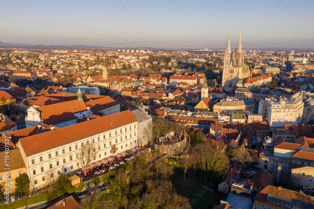 Upper Town of Zagreb Old Town and Cityscape with Zagreb Cathedral in Background. Croatia.