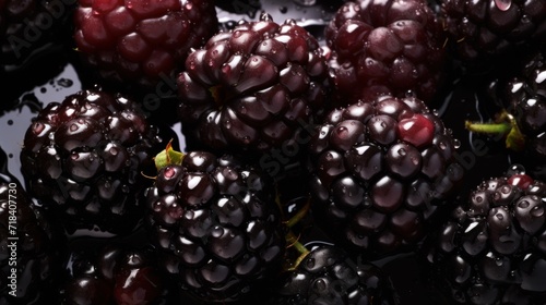  a pile of black raspberries sitting on top of a black counter top with drops of water on them.