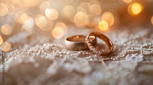 Wedding Rings Gleaming on Lace-Covered Dress with Bokeh Ambiance