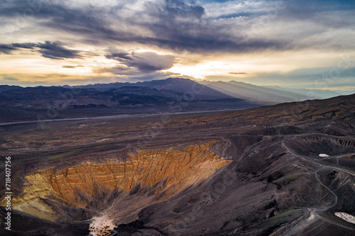 Sunrise in Ubehebe Crater. Death Valley, California. Beautiful Morning Colors and Colourful Landscape in Background. Sightseeing Place. Drone Viewpoint. © Mindaugas Dulinskas