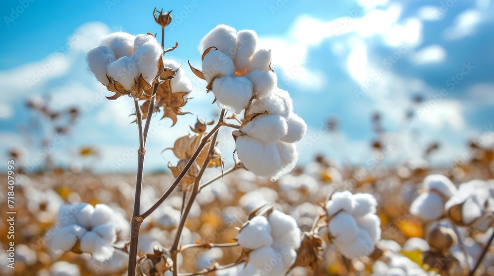 Cotton field plantation , close-up of a box of high quality cotton against a blue sky. Generative AI.