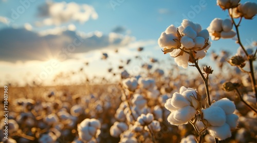 Cotton field plantation   close-up of a box of high quality cotton against a blue sky. Generative AI.