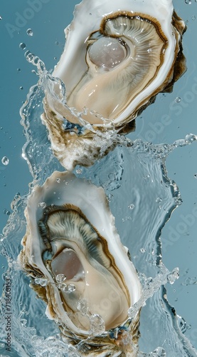 double oysters with wavy splashes of water is photographed as a water splash blows over the oyster, in the style of light beige and sky blue. Generative AI