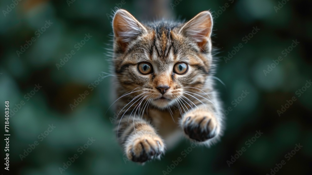 funny cat flying. photo of a playful tabby cat jumping mid-air looking at camera open mouth. background with copy space