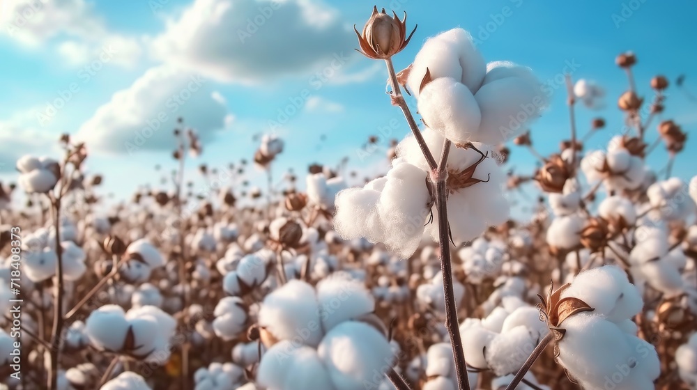 Cotton field plantation , close-up of a box of high quality cotton against a blue sky. Generative AI.