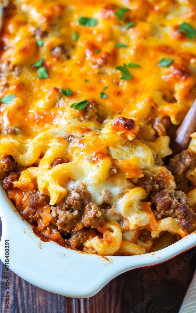 Looks Delicious Close-Up Hamburger Casserole. Generative AI. Looks Delicious Close-Up Hamburger Casserole. Generative AI.