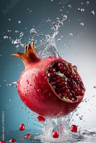 Ripe pomegranate in the air, water, splashes, light background, studio lighting. Generative AI.