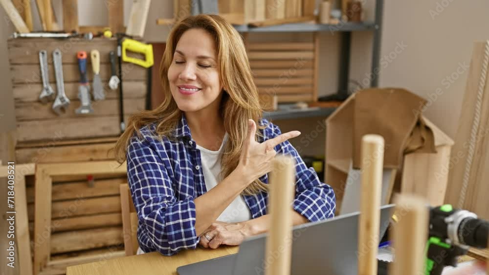 Stunning young latina carpenter in her workshop, mouth open in amazement, pointing exuberantly to something off-camera! Stunning young latina carpenter in her workshop, mouth open in amazement, pointing exuberantly to something off-camera!