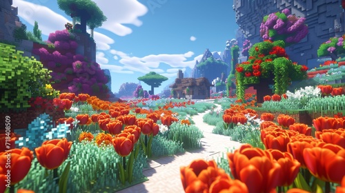 Vibrant Flower Path in Fantasy Game Landscape