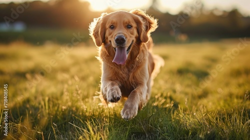 A high camera angle showcases a Golden Retriever's agility during morning agility training, emphasizing action and cool hues, conveying an energetic and determined feeling,