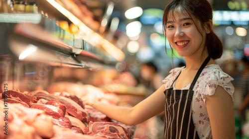 asian woman in meat department in a supermarket talking to butcher  