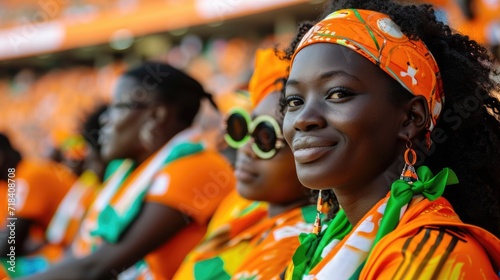 a black African female supporter with an orange football jersey with an orange, white, green curly wig. She is sitting in the stands in a football stadium