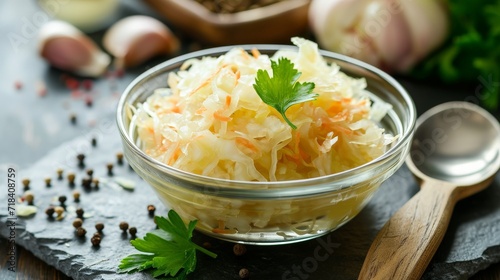 fermented cabbage in a small glass bowl 