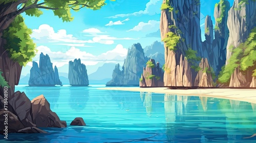 cartoon illustration Pristine beaches  limestone cliffs  and vibrant coral reefs.