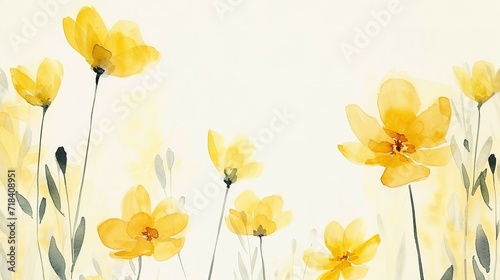 Yellow floral background. Watercolor simple flowers