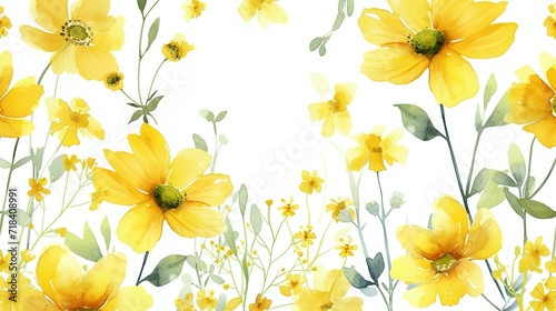 Yellow floral background. Watercolor simple flowers