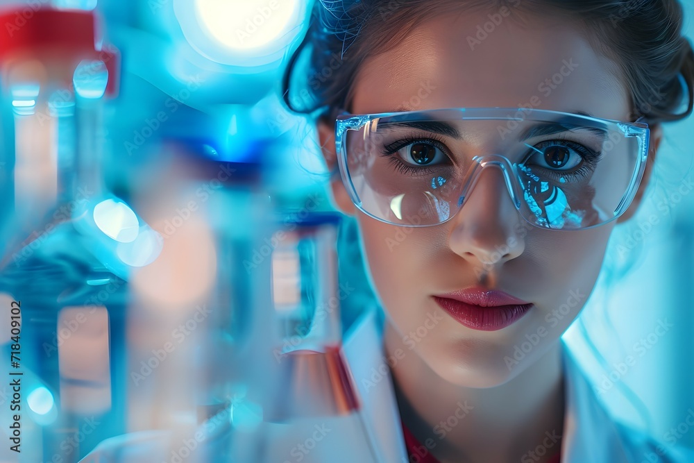 A female scientist in a lab coat conducting scientific research