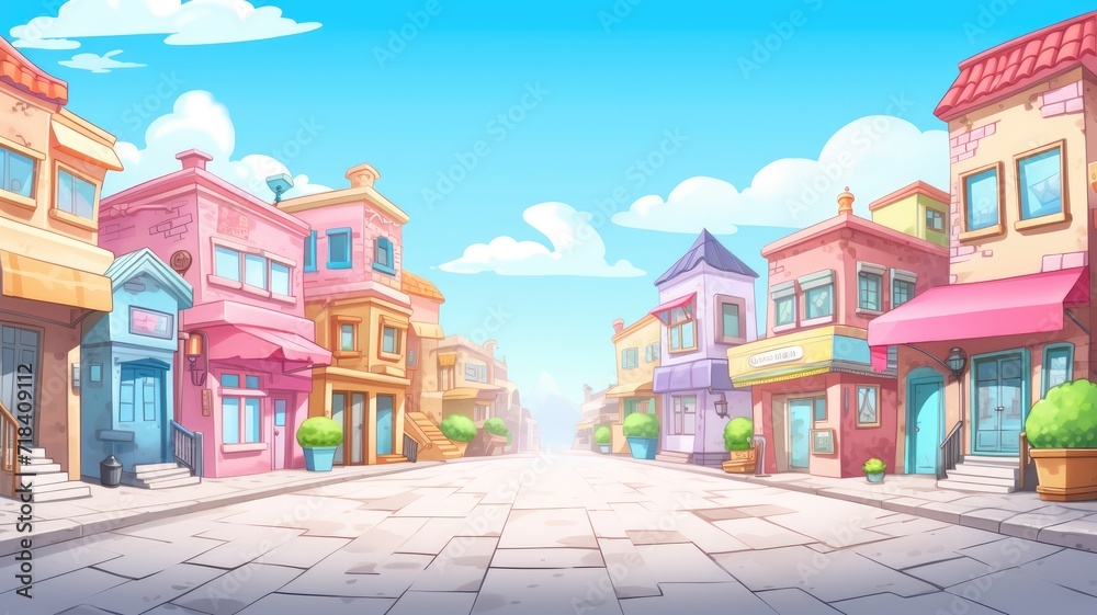 cartoon illustration of a quaint town street, lined with charming pastel-colored buildings under a bright blue sky.