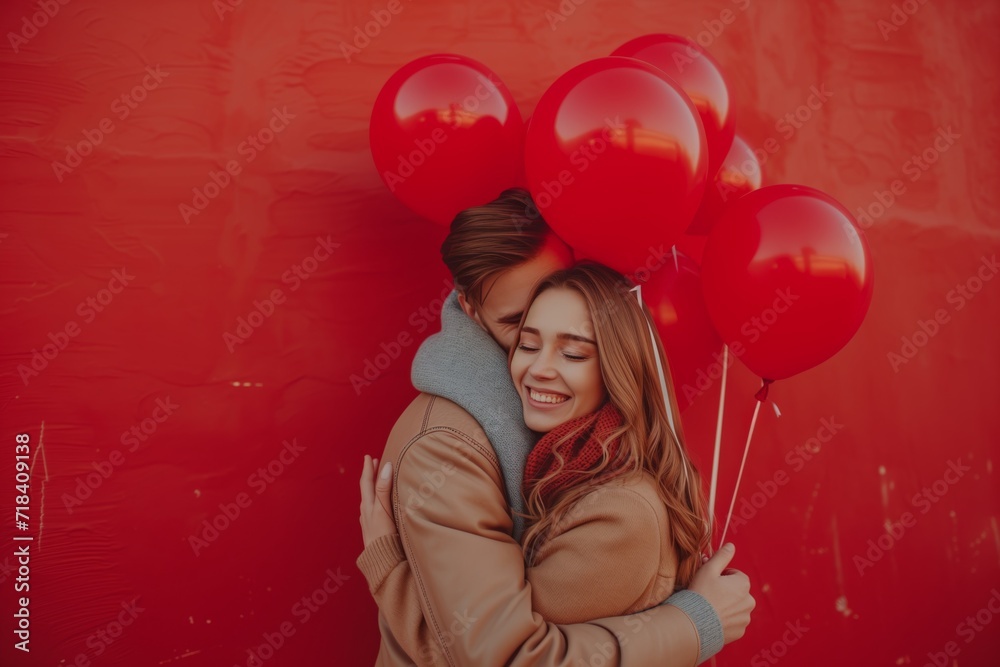 Happy young couple with heart-shaped balloons on color background. Hugging, kissing and enjoying spending time together while celebrating Valentine's Day. Happy young couple with heart-shaped balloons on color background. Hugging, kissing and enjoying spending time together while celebrating Valentine's Day.