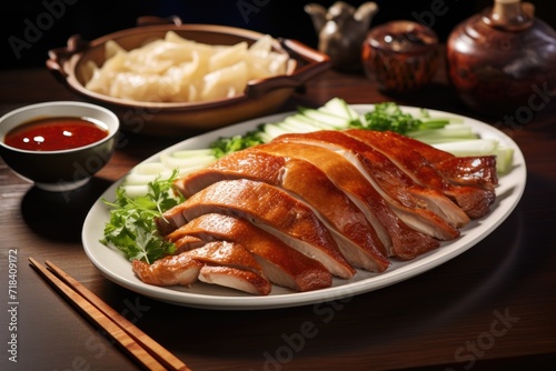 Peking duck on white plate with vegetables
