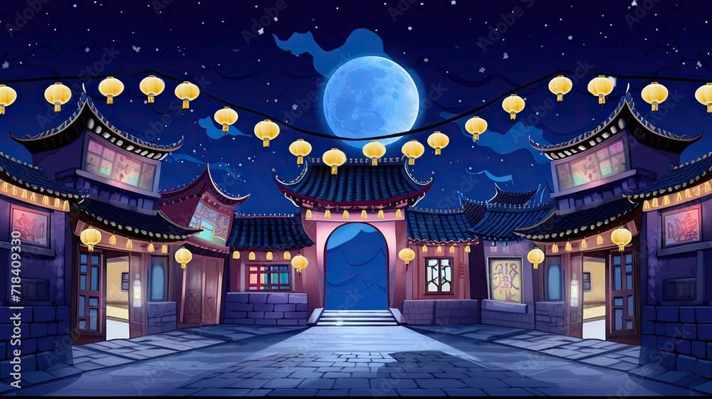 cartoon illustration Panorama chinese street with old houses, chinese arch, lanterns and a garland at night.