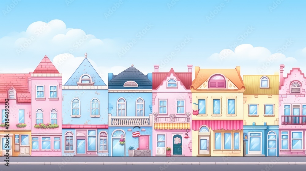 cartoon illustration Panorama city building houses with clear sky with fluffy clouds.