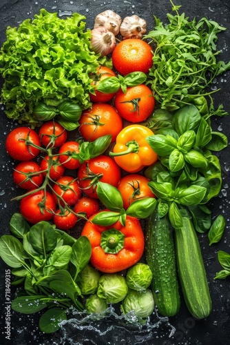 Vegetable poster, leafy greens, splash of water, Fresh Veggie, solid color background. Generative AI.