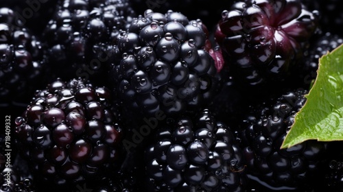  a close up of a bunch of blackberries with a green leaf in the middle of the picture and water droplets on the berries. photo