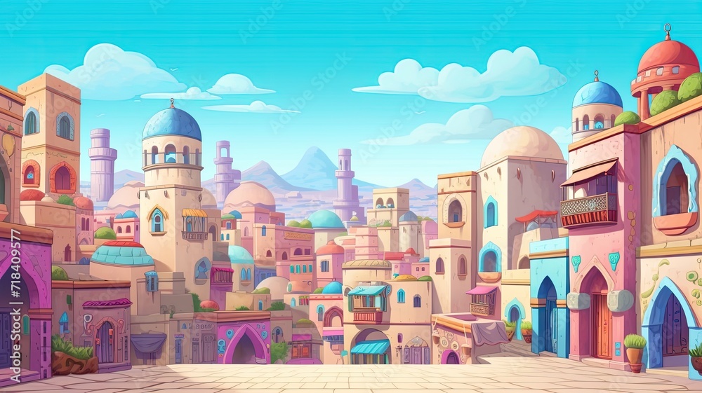 cartoon illustration of ancient arab city with houses and the Arab market. cartoon illustration of ancient arab city with houses and the Arab market.
