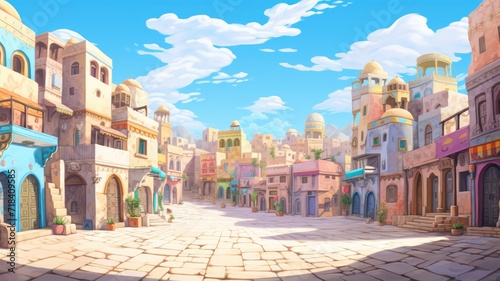 cartoon illustration of ancient arab city with houses and the Arab market.