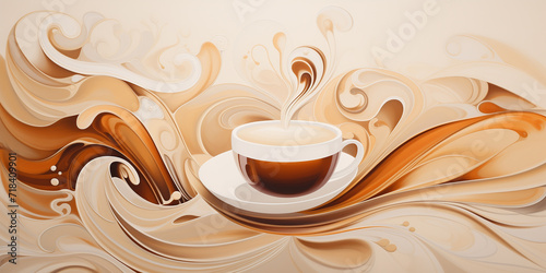 Coffee abstract background, a cup of coffee against a background of soft waves and patterns in brown tones